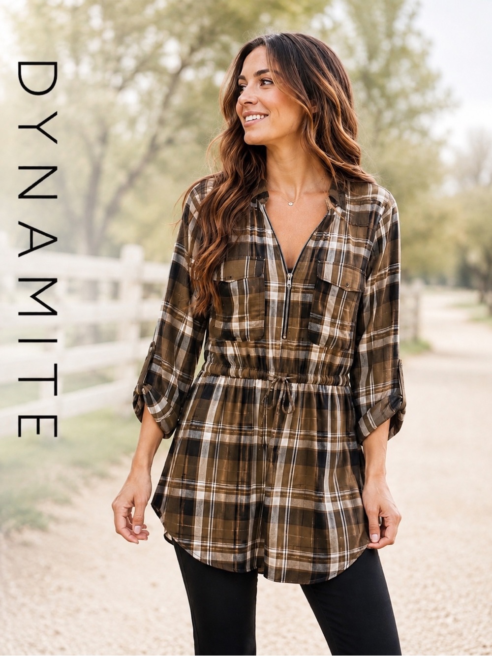 DYNAMITE Green, Black & White Plaid Drawstring Shirt Dress
